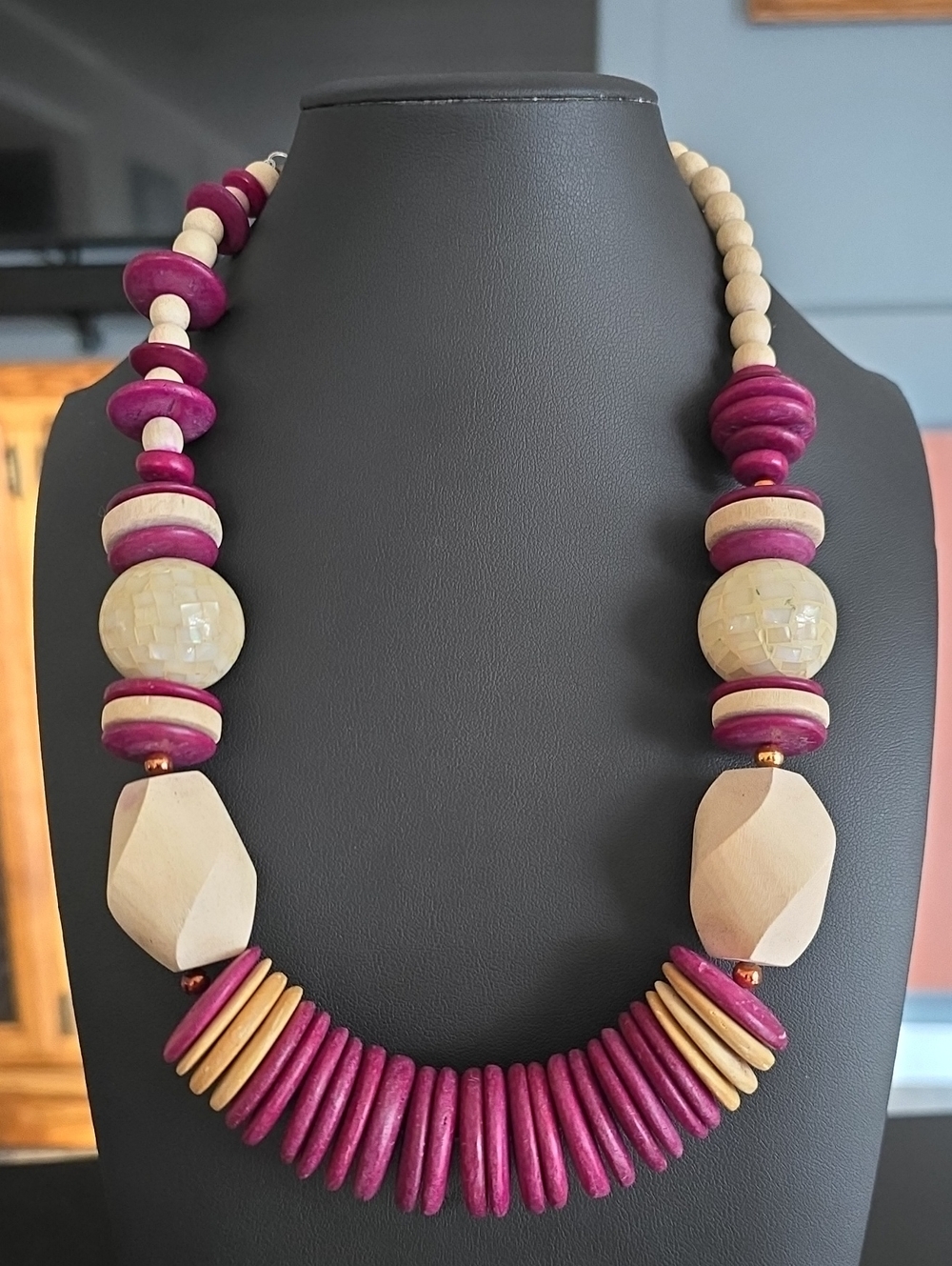 Wood & Bead Statement Necklace in Berry and Natural